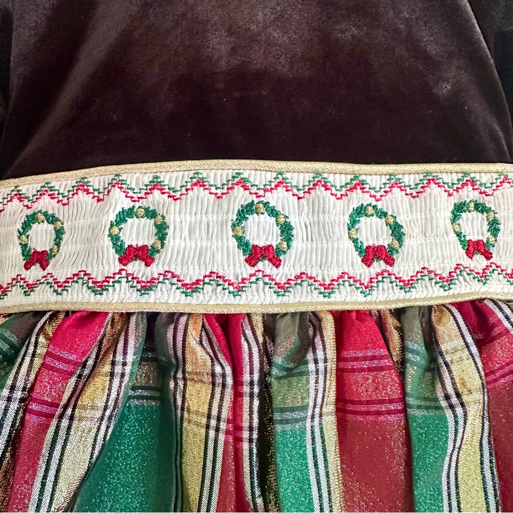 🎄BONNIE JEAN Toddler Christmas Velvet Plaid Embroidered Holiday Dress - Picture 3 of 6